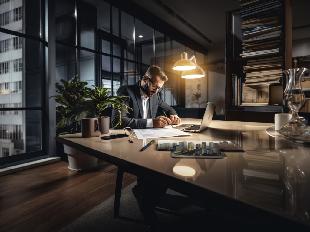 Homem sentado à mesa de escritório calculando se vale a pena fazer portabilidade de financiamento imobiliário