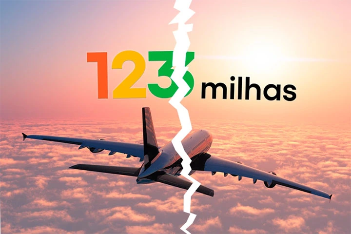 Imagem rachada de avião do ar, com a marca sobreposta da 123 milhas