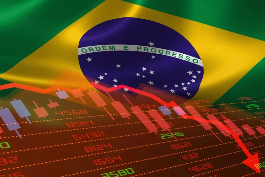 Bandeira do Brasil com um gráfico em queda sobreposto