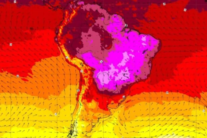 Mapa divulgando a onda de calor que afetará o Brasil