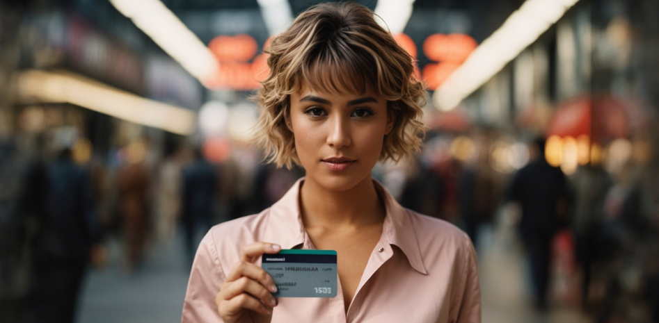 Uma mulher segurando um cartão de crédito pensando nos erros comuns