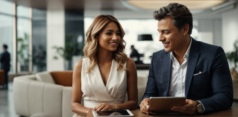 Homem e mulher sentados com um tablet na mão conversando sobre como financiar um apartamento