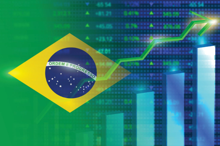 Montagem com um gráfico em crescimento sobreposto pela bandeira do Brasil