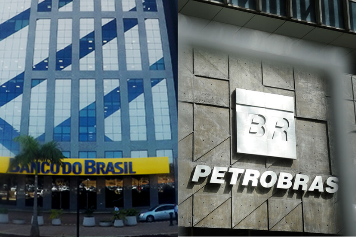 Duas fotos, uma da fachada do Banco do Brasil e outra da Petrobras